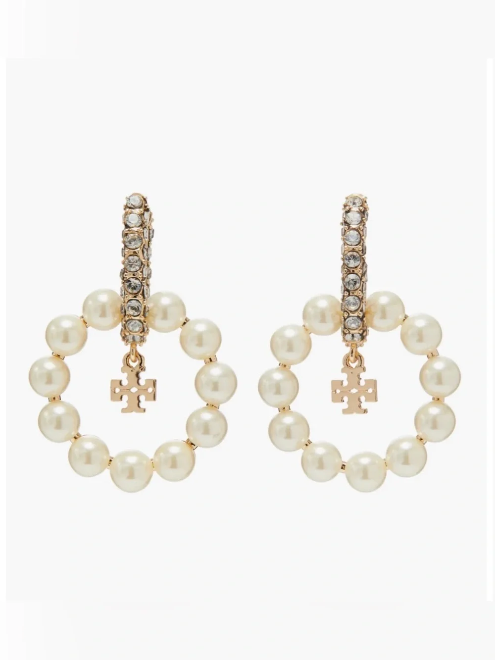 Tory Burch Moondance Faux Pearl Hoop Pave Diamond Earrings Huggies